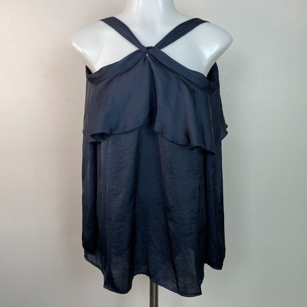 Libby Edelman Blouse Small Navy Blue Cold Shoulder Ruffle Long Sleeve Top‎ Women
